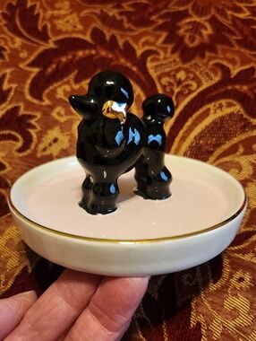 Black Ceramic Poodle Ring Dish with Gold Trim